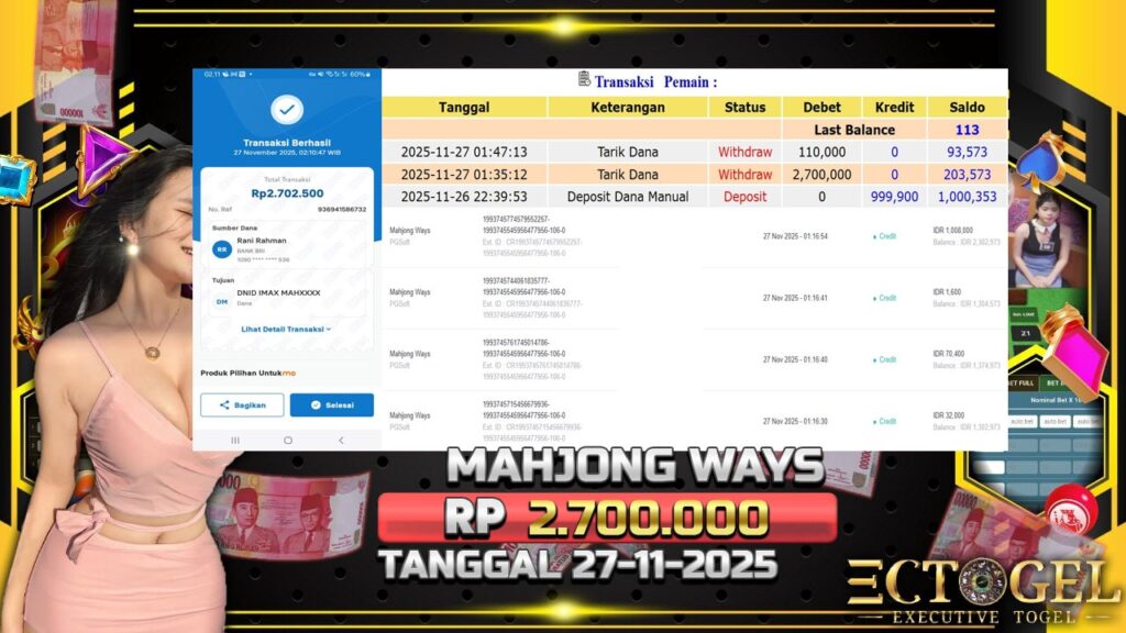 BUKTI JACKPOT SLOT MAHJONG WAYS TERPERCAYA DI INDONESIA TGL 27-11-2025