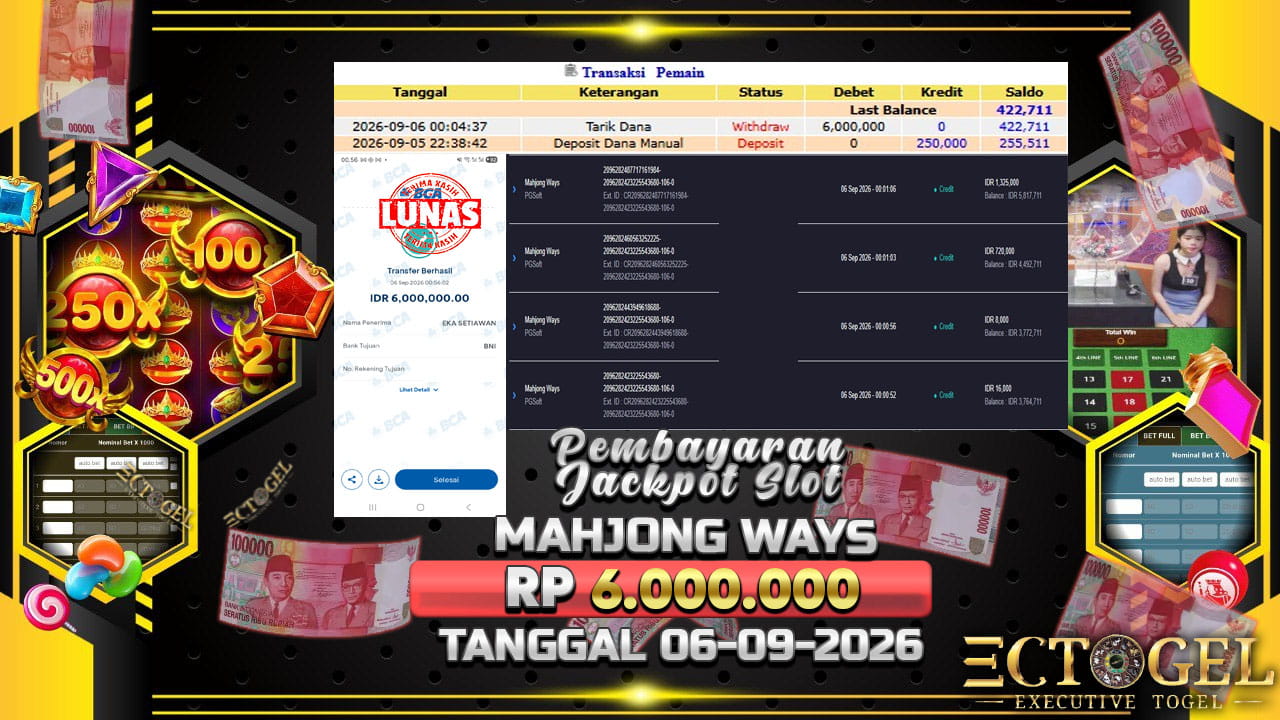 BUKTI JACKPOT SLOT MAHJONG WAYS TERPERCAYA DI INDONESIA TGL 06-09-2026